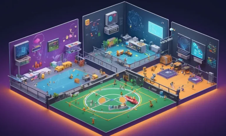 Una imagen de pantalla dividida que muestra diferentes ambientes de juego con ondas de sonido y diagramas técnicos en el fondo.