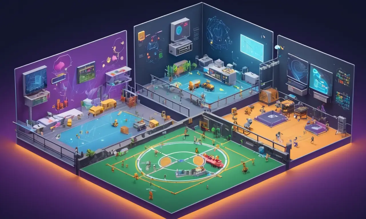 Una imagen de pantalla dividida que muestra diferentes ambientes de juego con ondas de sonido y diagramas técnicos en el fondo.