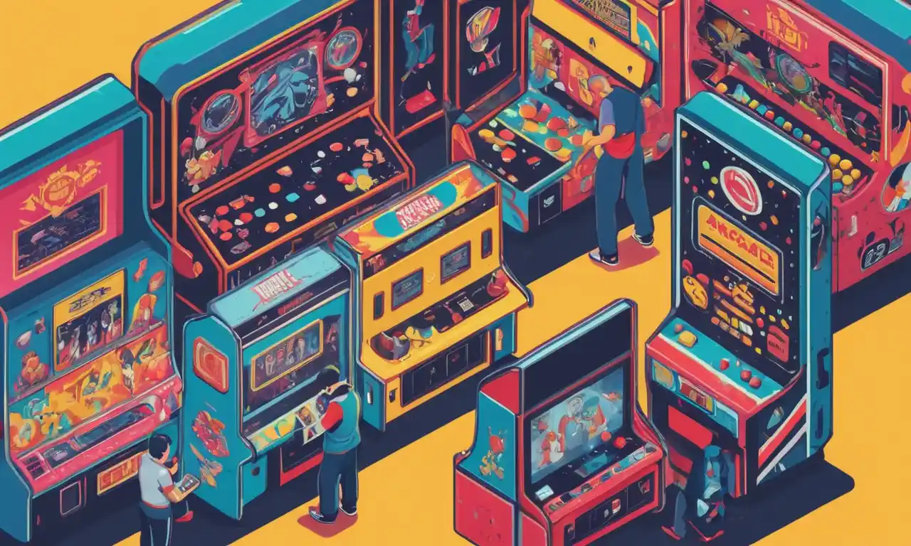 Una ilustración nostálgica de las máquinas de arcade de la vieja escuela con los jugadores reunidos alrededor.