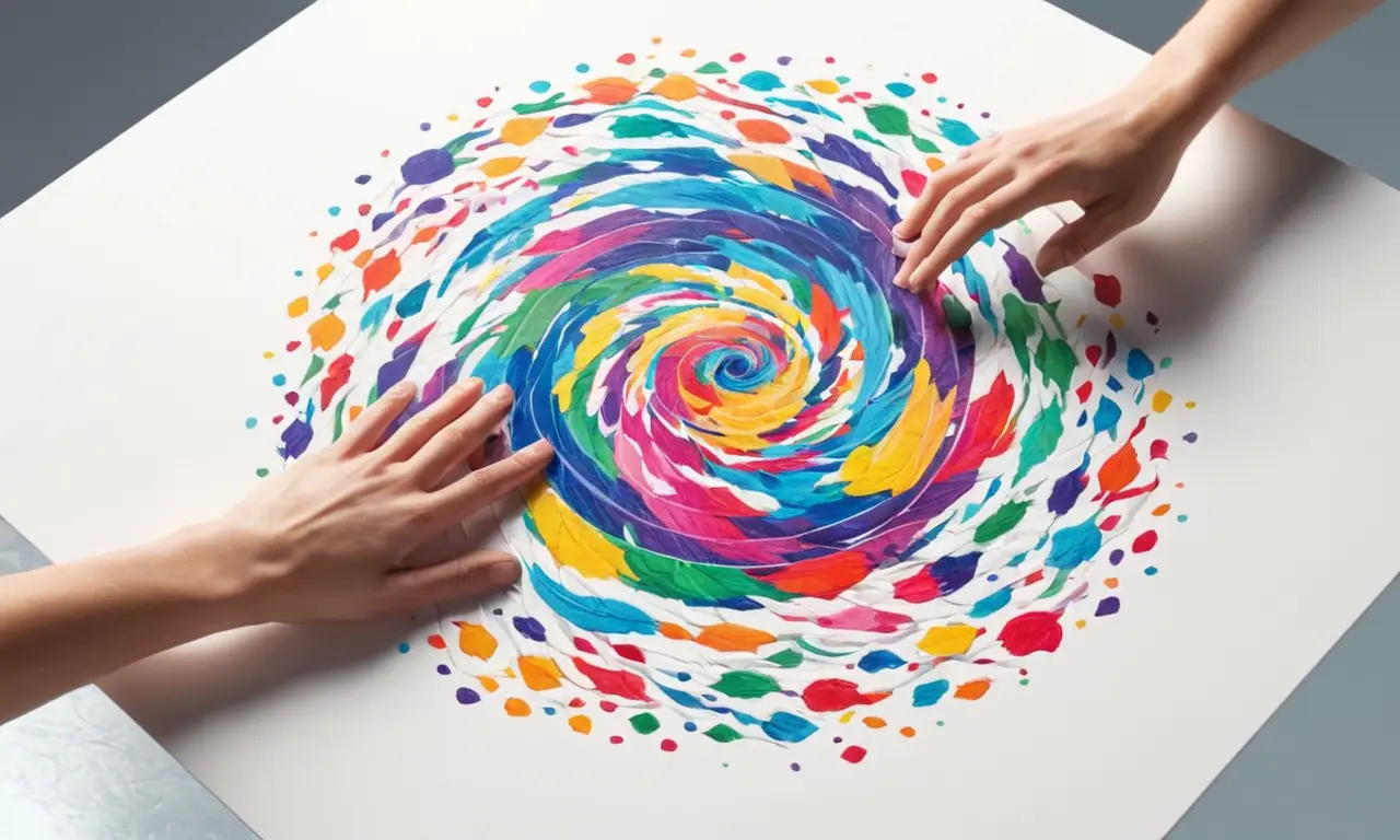 Un artista da las manos sobre un lienzo en blanco con conceptos creativos girando alrededor.