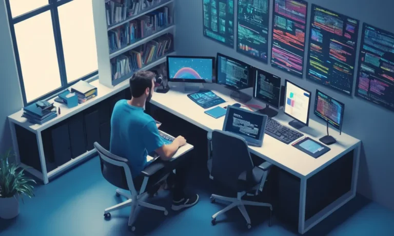 Un programador sentado en un escritorio rodeado de libros de codificación y pantallas de ordenador.