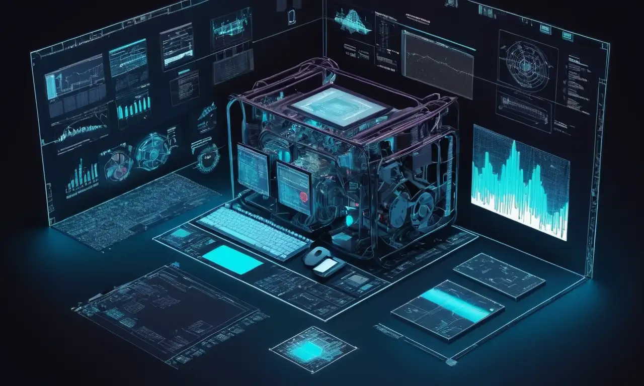 Un diagrama de concepto de motor gráfico de ordenador rodeado de pantallas de codificación y diagramas técnicos.