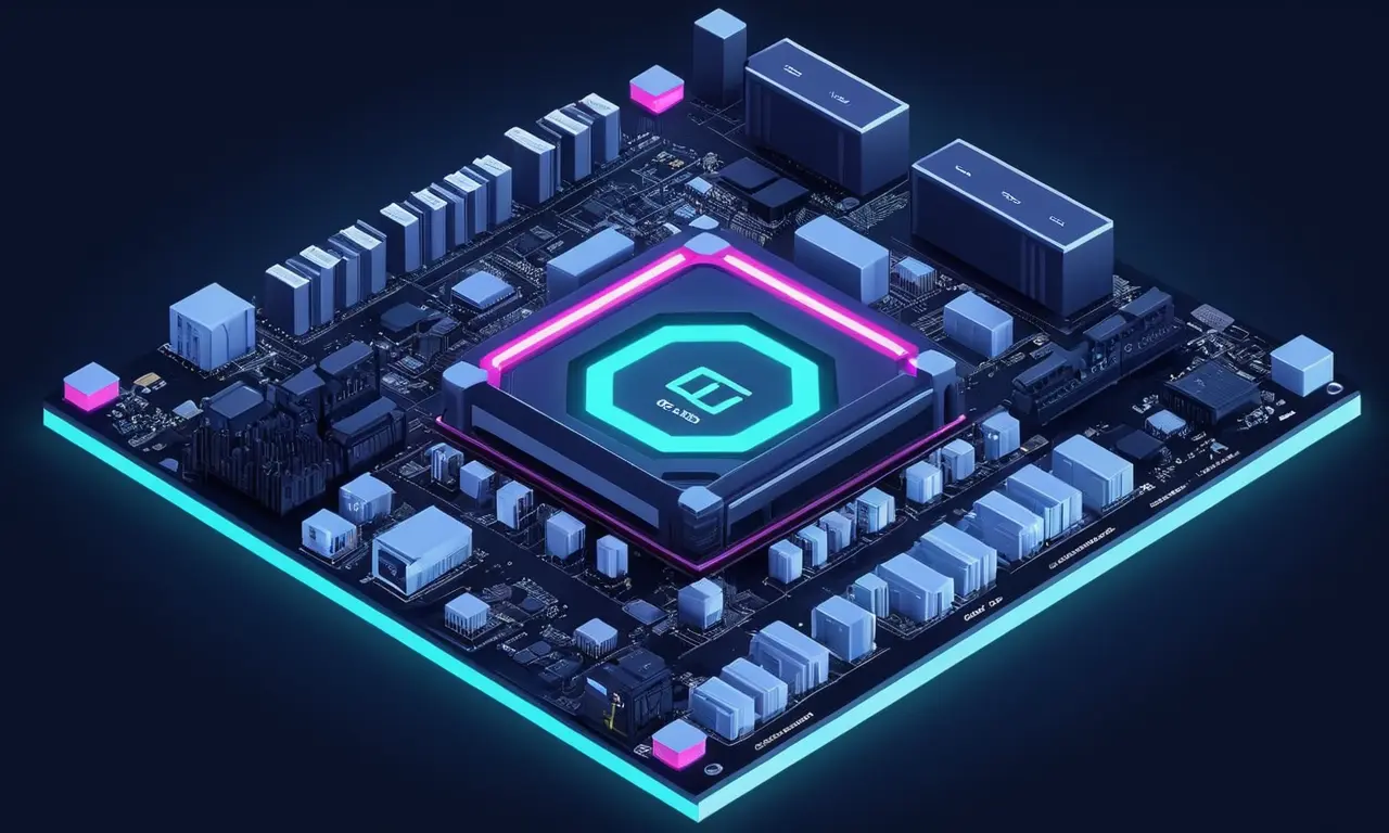 Una ilustración de los componentes clave de los motores gráficos (por ejemplo, GPU, CPU, memoria) rodeado de símbolos de codificación.