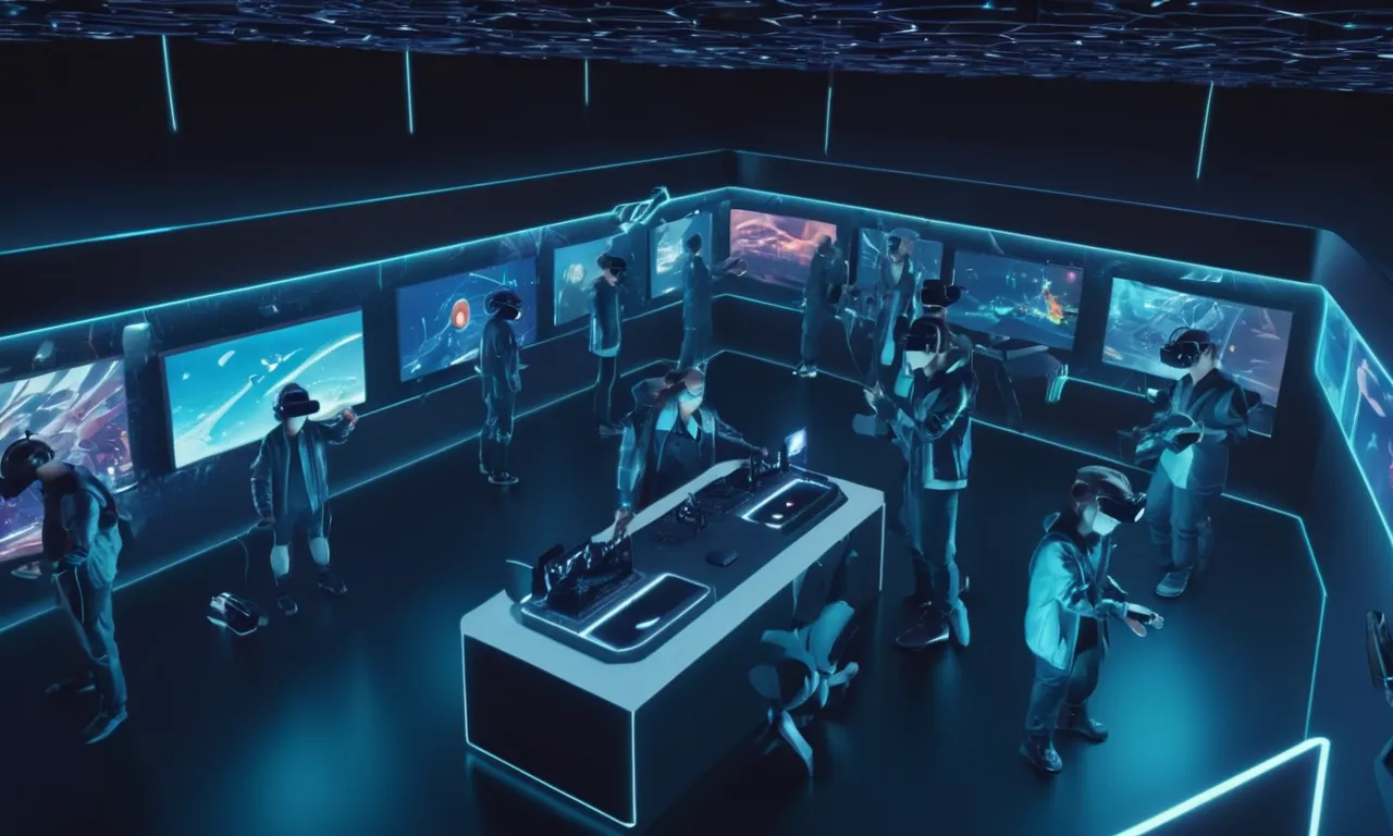 Personas que llevan auriculares y controladores VR en un entorno de juego futurista.