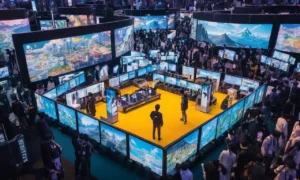 Una persona rodeada de pantallas que muestran demos de juego en la conferencia de Tokyo Game Show.