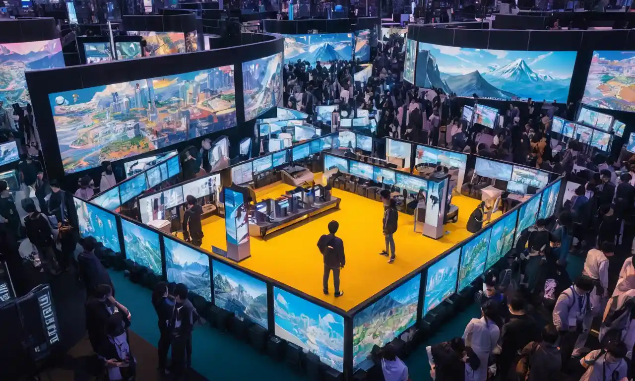 Una persona rodeada de pantallas que muestran demos de juego en la conferencia de Tokyo Game Show.