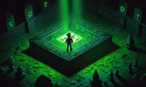 Una ilustración oscura y misteriosa de Luigi en las sombras
