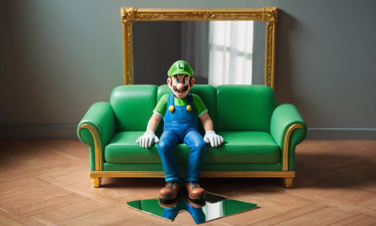 Luigi sentado en un sofá, con su personalidad dividida reflejada en un espejo roto.