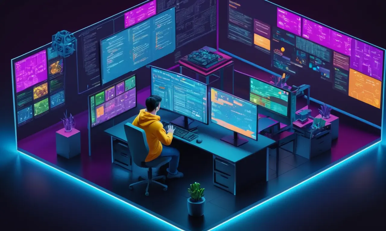 Una codificación de programador en una pantalla de computadora con múltiples plataformas de juego enumeradas en el fondo.