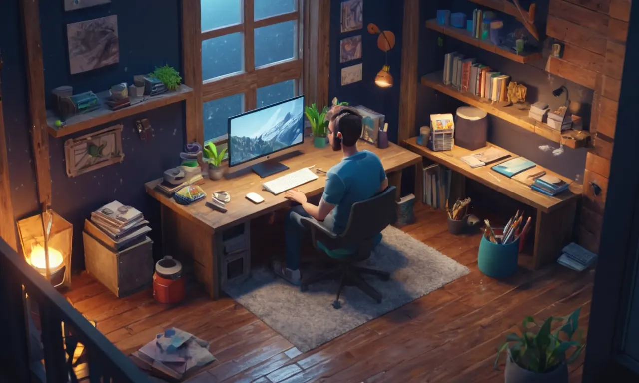 Artista sentado en un ordenador, rodeado de texturas y materiales para la creación del entorno 3D.