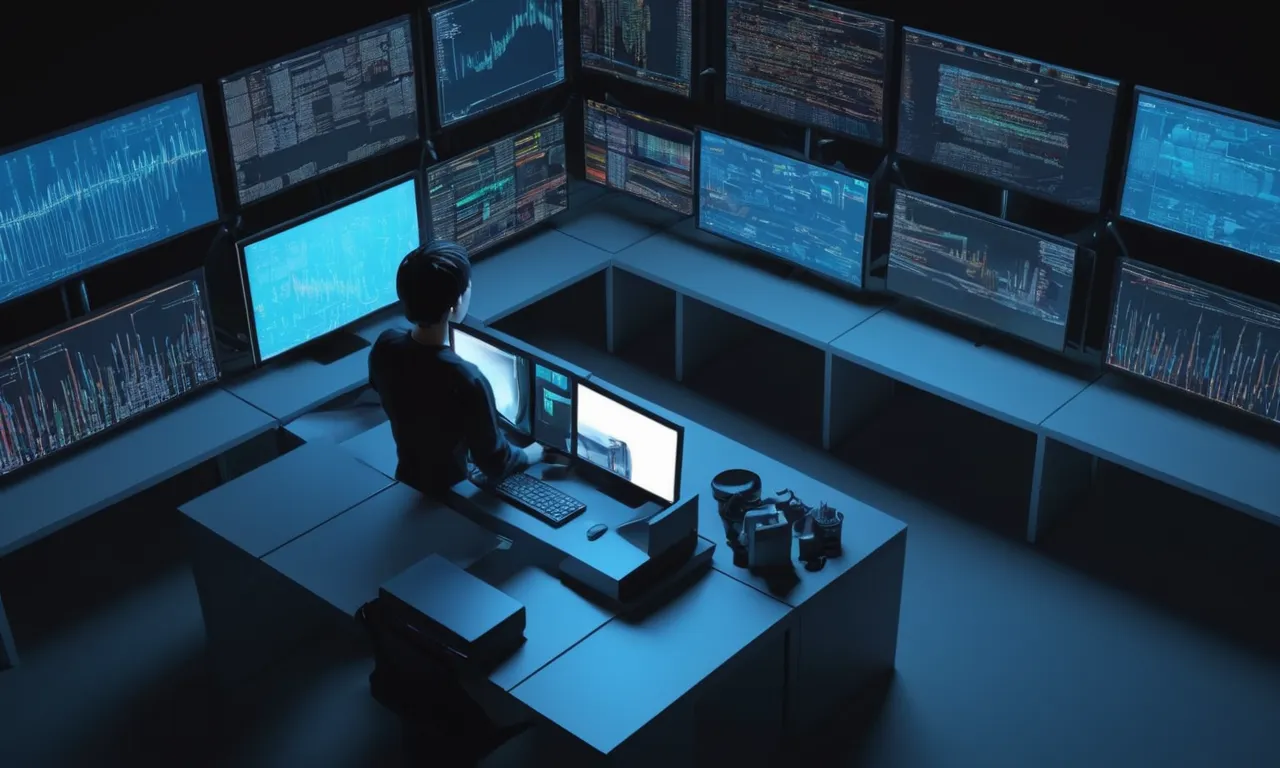 Una persona que trabaja en una computadora, rodeada de pantallas de codificación y software de renderización 3D.