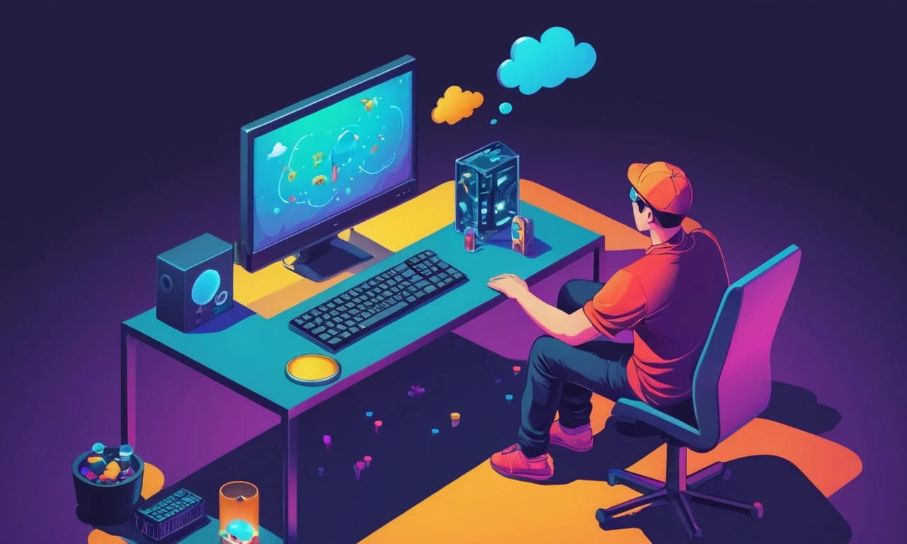 Una persona sentada frente a un ordenador jugando juegos de estrategia con una burbuja de pensamiento sobre su cabeza.