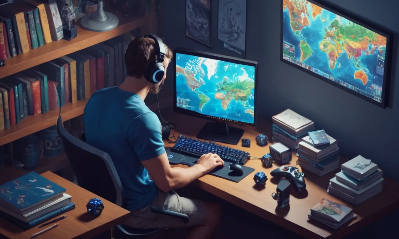 Un jugador que piensa intensamente mientras juega un juego de estrategia en una pantalla de computadora