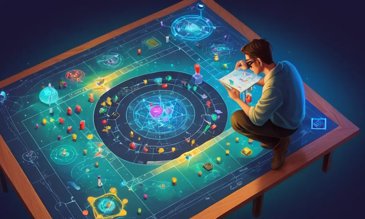 Un investigador que estudia una tabla de juego con un diagrama de pensamiento crítico en el fondo.