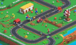 Mario corriendo en una pista colorida