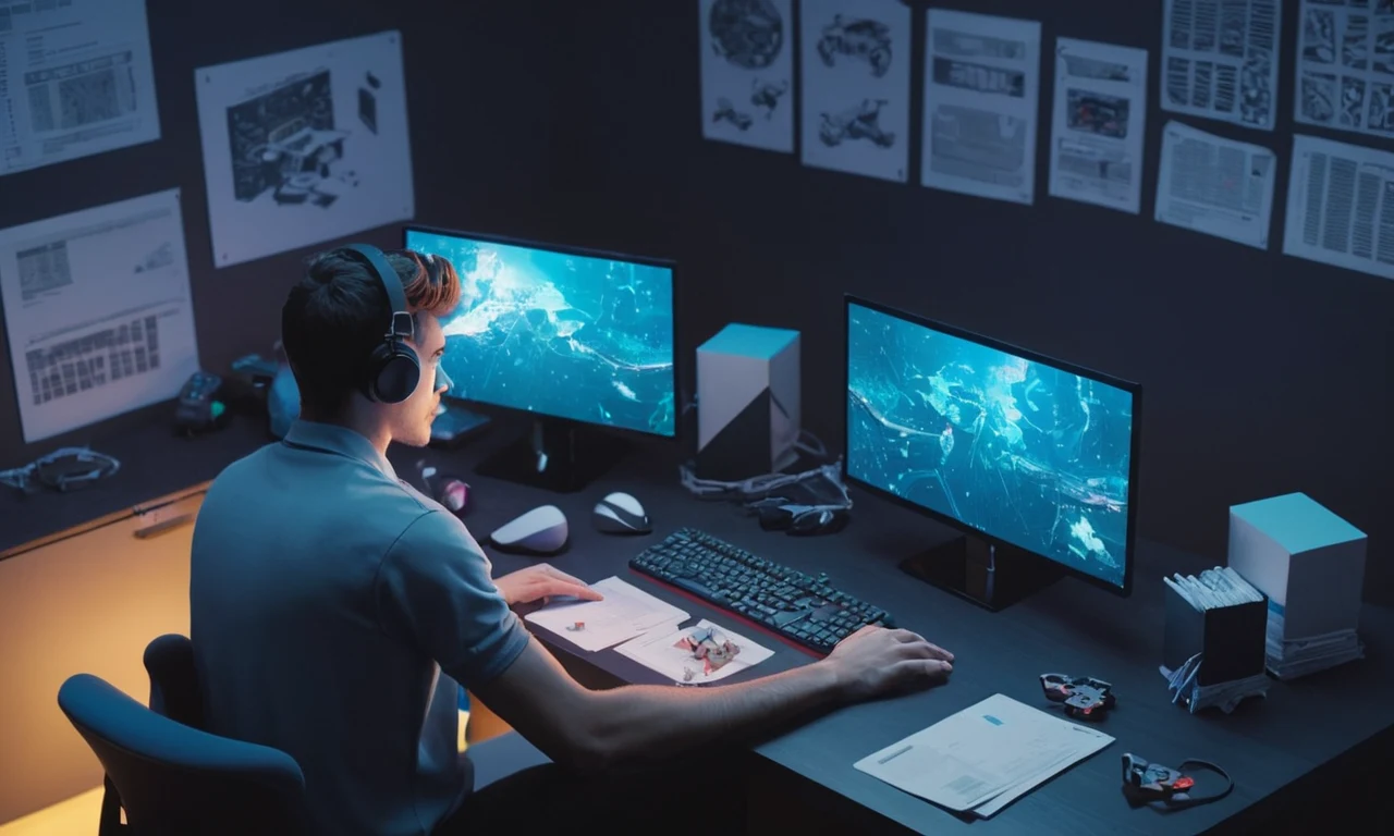 Un jugador sentado en un escritorio, rodeado de pantallas de ordenador y papeles, con una expresión confusa.