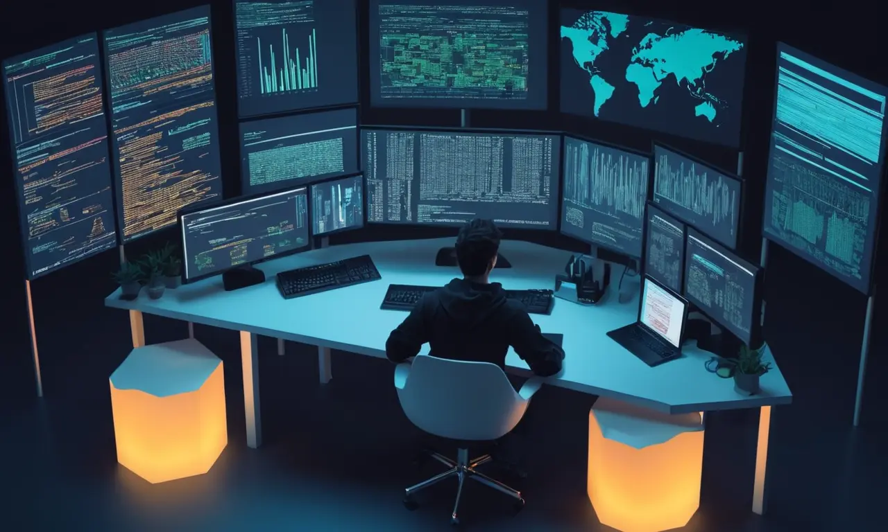 Un desarrollador sentado frente a un ordenador con pantallas de codificación y documentos dispersos alrededor.