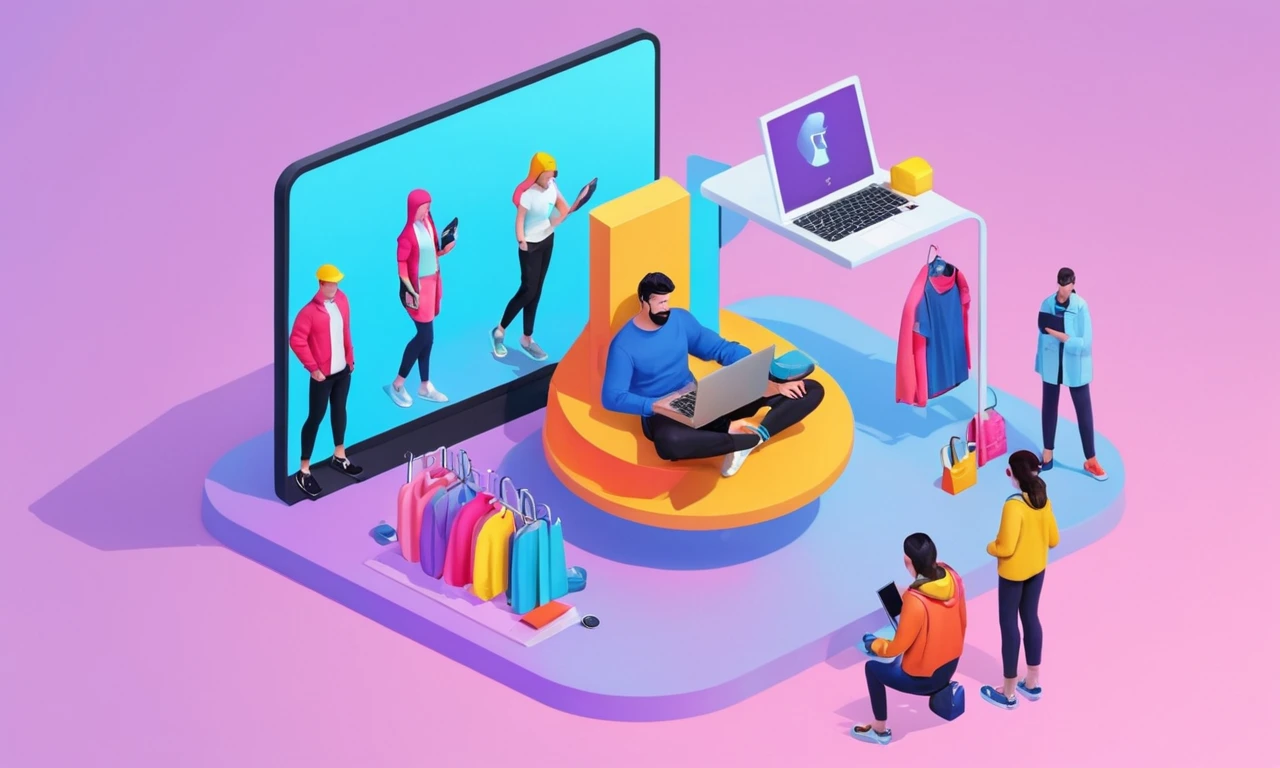 Una persona rodeada de artículos de moda, con un espejo y un portátil con un avatar personalizado en la pantalla.