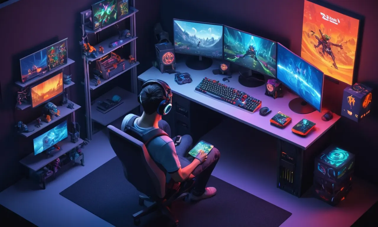 Un jugador sentado frente a una pantalla de ordenador, rodeado de interfaces de juego y avatares.