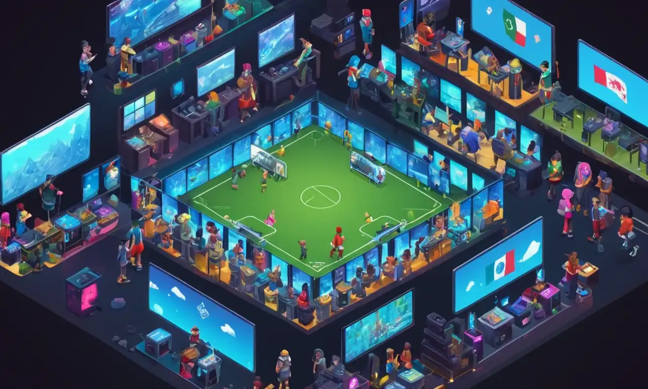 Los jugadores de diferentes culturas se reunieron frente a pantallas y dispositivos, mostrando comunidades de juego globales.