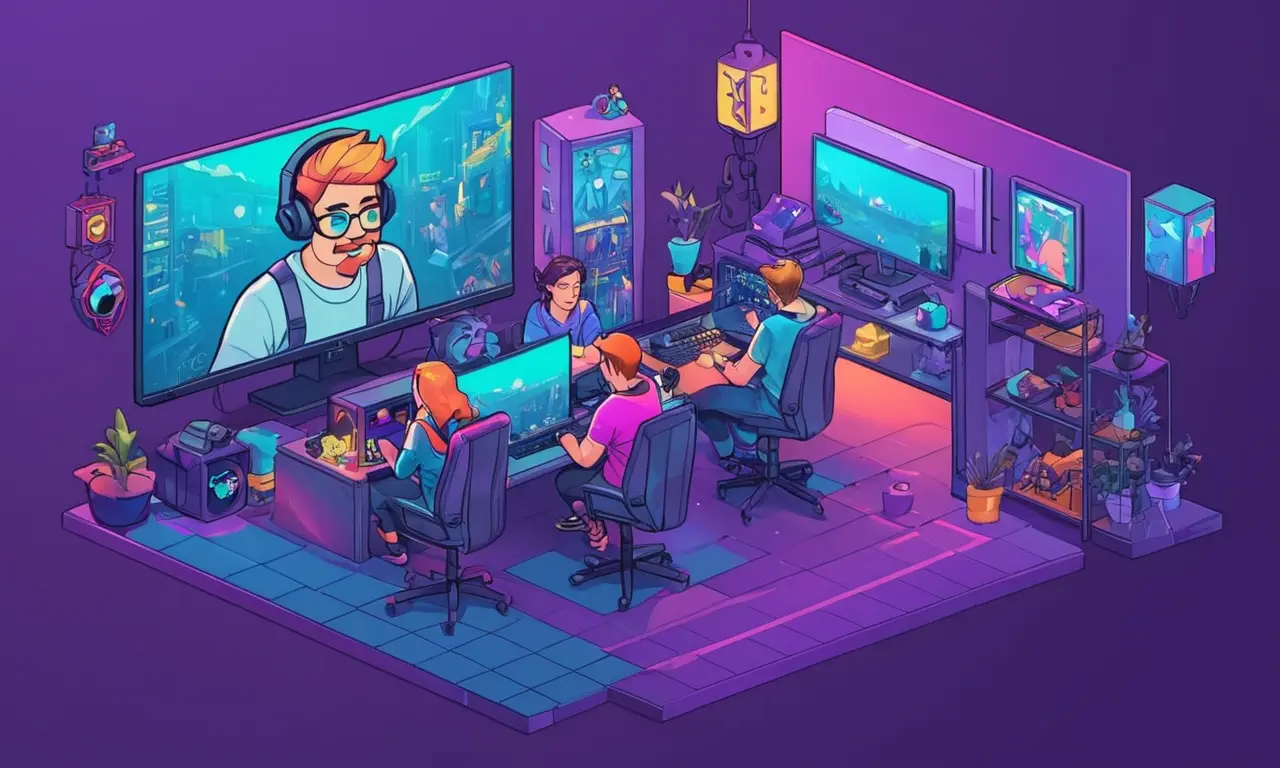 Un grupo de jugadores se reunieron alrededor de una pantalla de computadora viendo un flujo en vivo en Twitch.