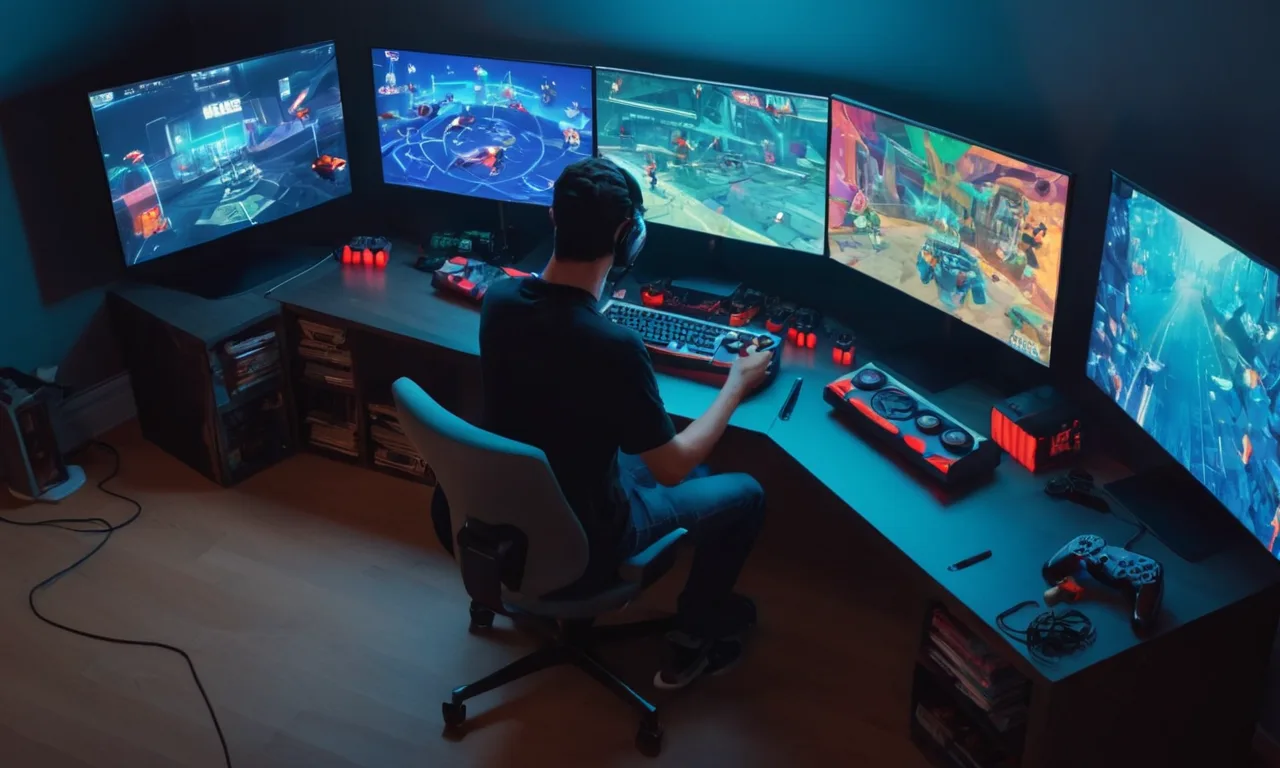 Una persona sentada frente a una pantalla de computadora que muestra diferentes controladores de videojuegos de pasado a presente.