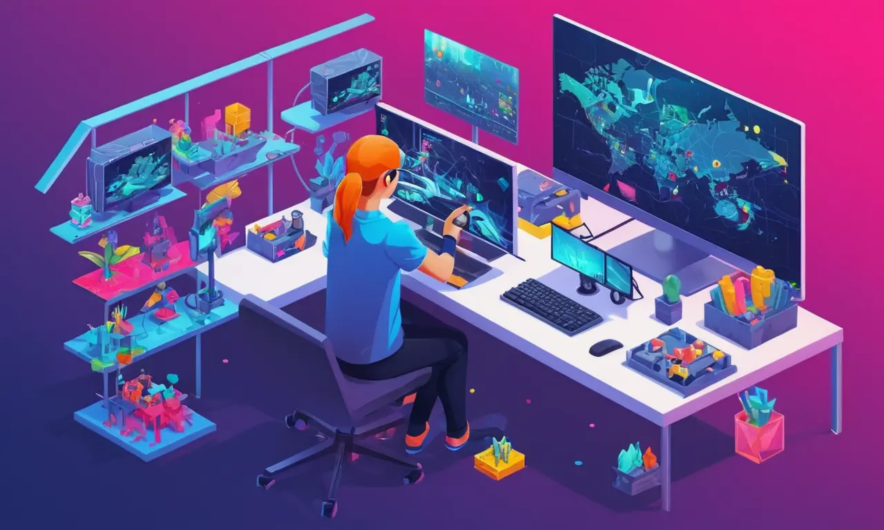 Un diseñador que trabaja en una pantalla de computadora, rodeado de conceptos de diseño y prototipos de controles de juego.