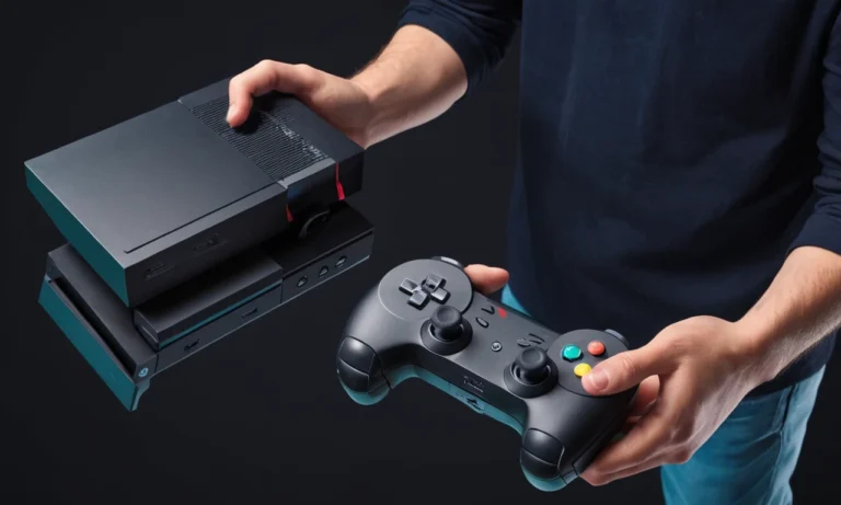 Un jugador que sostiene un controlador junto a una vieja consola y un nuevo dispositivo de juego.