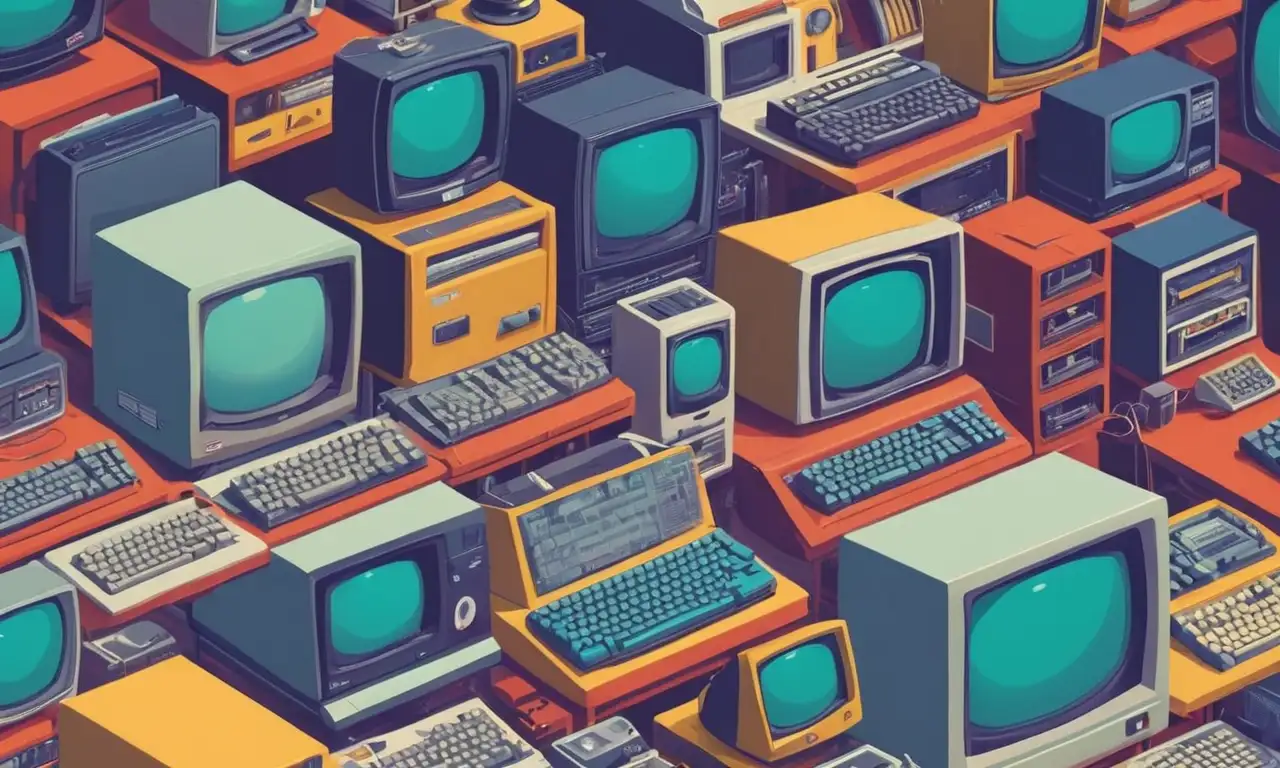 Computadoras archivadas de plataformas desactivas mostradas en un fondo nostálgico.