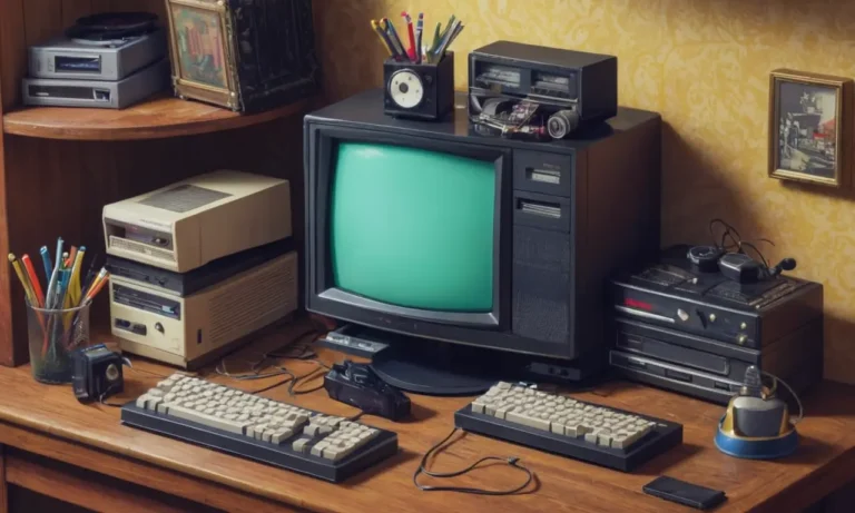 Una vieja computadora o consola sentado en un estante