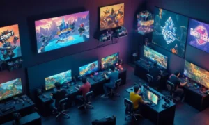 Un grupo de jugadores se reunieron alrededor de las pantallas mostrando logotipos populares de videojuegos.