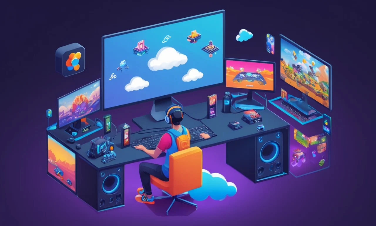 Las manos de los jugadores sostienen un controlador en forma de nube rodeado de pantallas digitales y símbolos de transmisión.