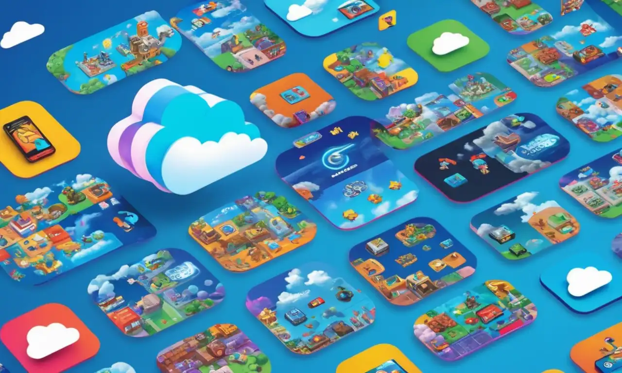 Una imagen de pantalla dividida que muestra varios logotipos de plataformas de juego en la nube junto con un fondo con nubes y elementos de diseño inspirados en el videojuego.