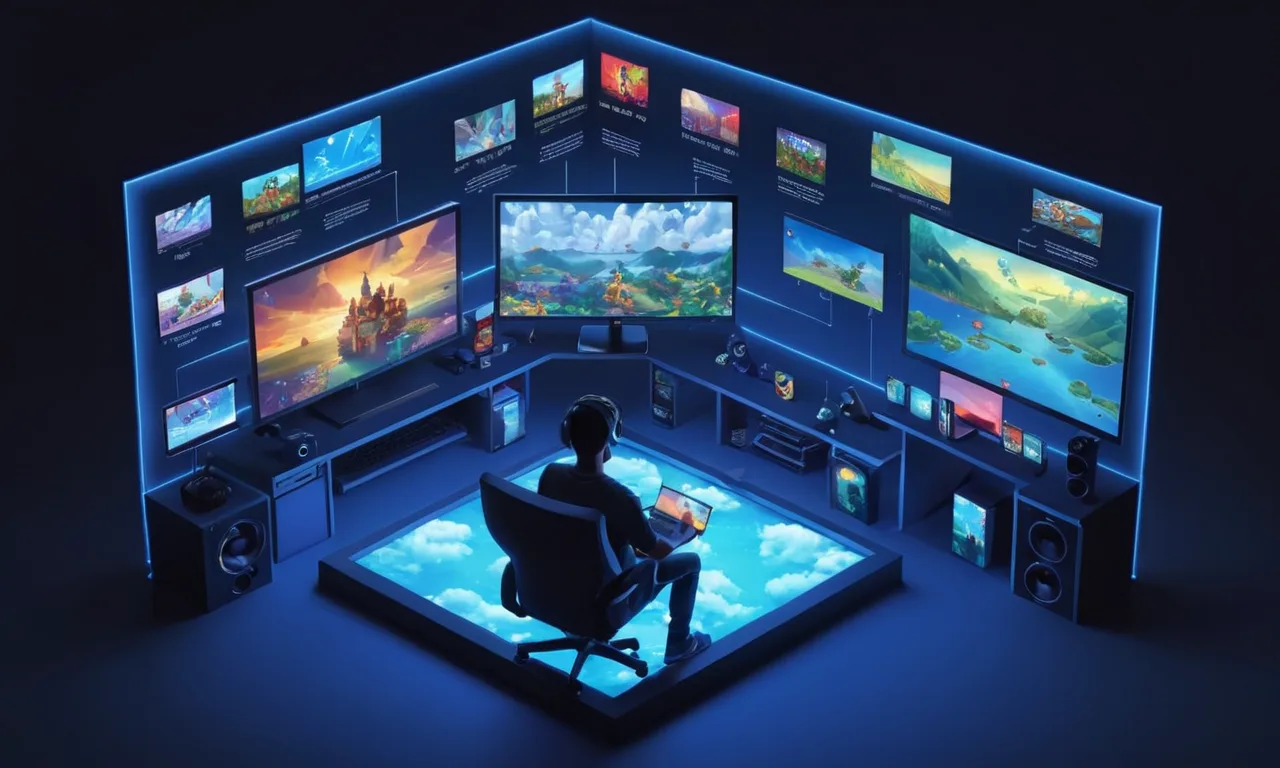 Una persona sentada frente a una pantalla de computadora que muestra plataformas y aplicaciones de juego en la nube.
