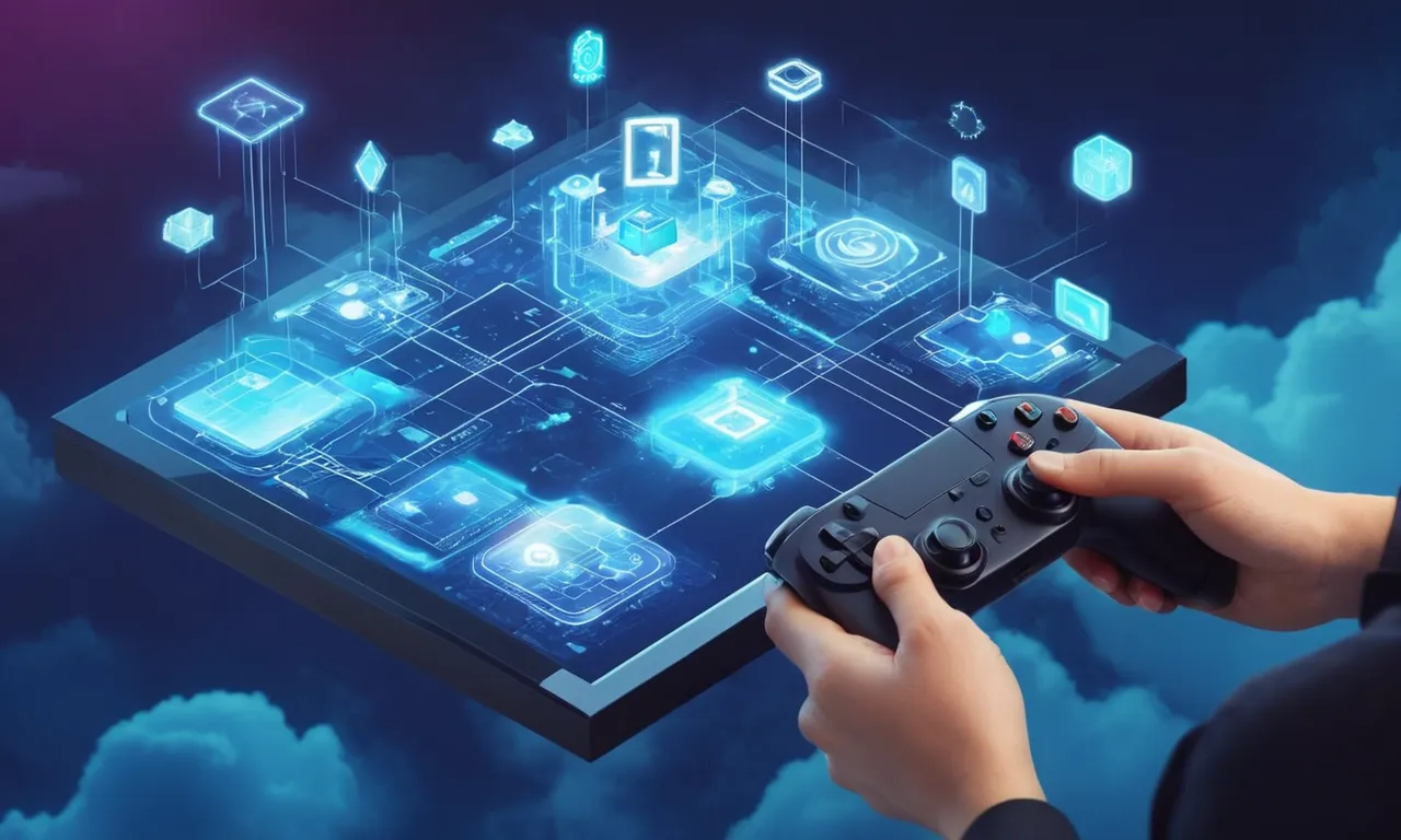 Las manos de los jugadores que navegan sobre una interfaz de plataforma de cloud-computing con un fondo borroso de iconos digitales.