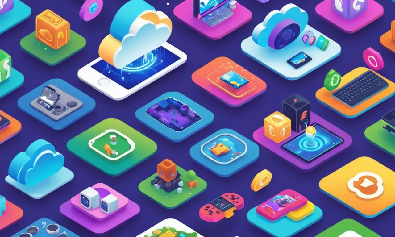 Un símbolo de nube rodeado de iconos de juego en varias plataformas.