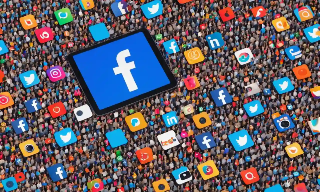 Collage of social media logos (Facebook, Twitter, Instagram) con una multitud de fieles seguidores en el fondo.