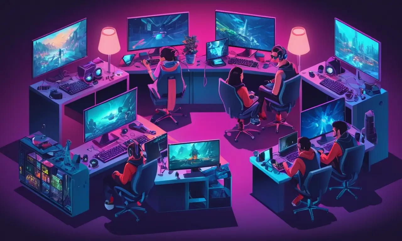 Un grupo de jugadores se reunieron alrededor de una consola de juego o PC, rodeado de pantallas y periféricos.