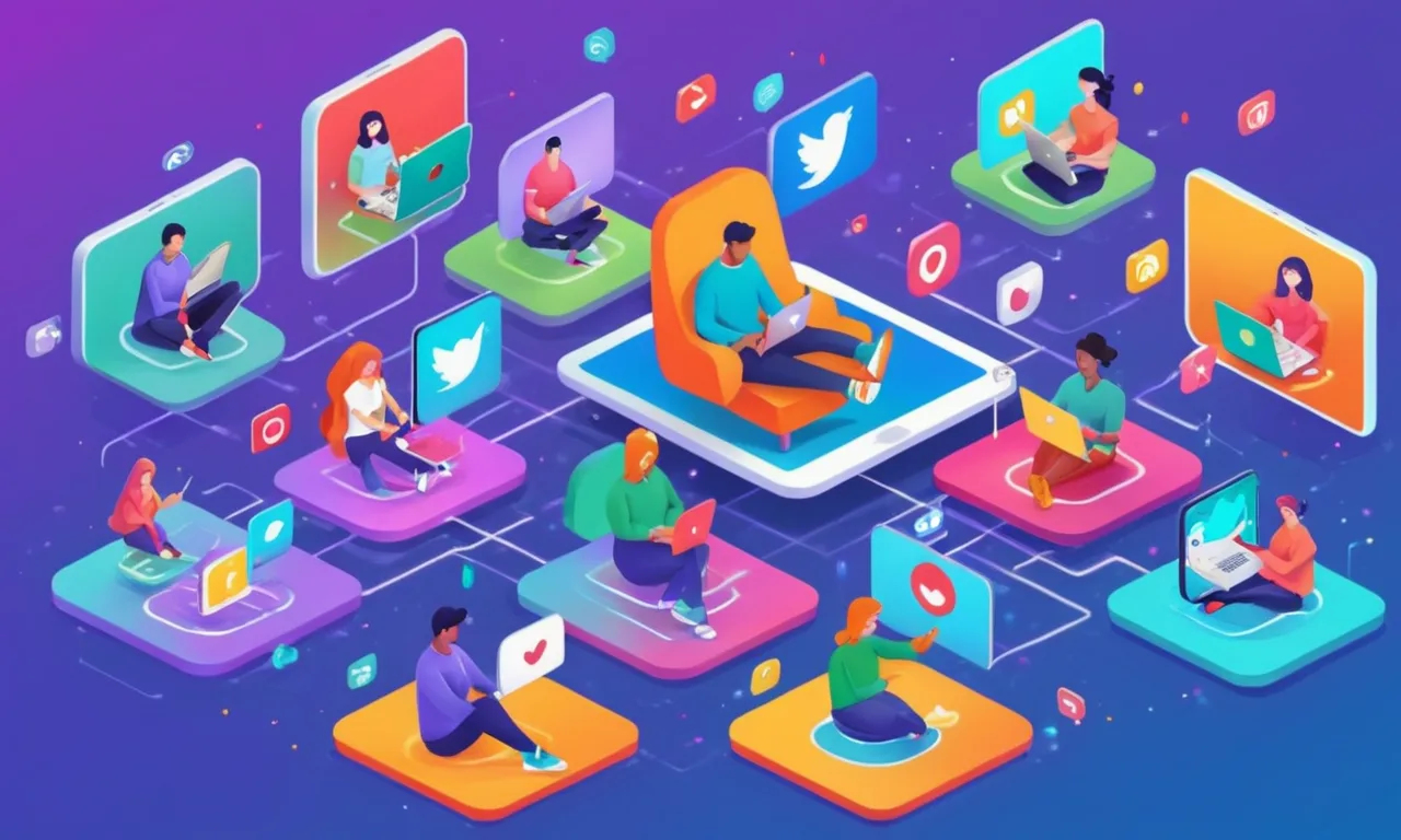 Un influencer de redes sociales rodeado de pantallas que muestran varias plataformas de microblogging.