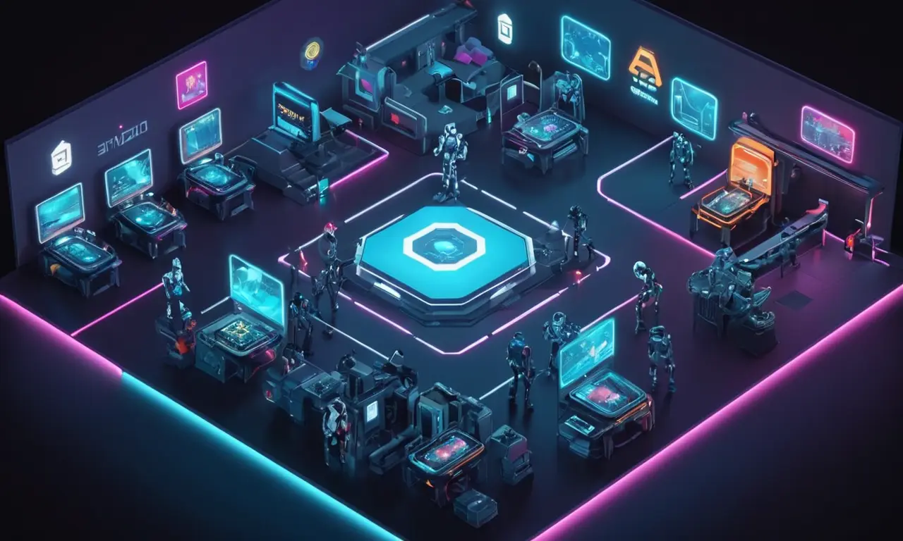 Una escena futurista con robots y jugadores de IA jugando juegos inmersivos en plataformas de realidad aumentada.