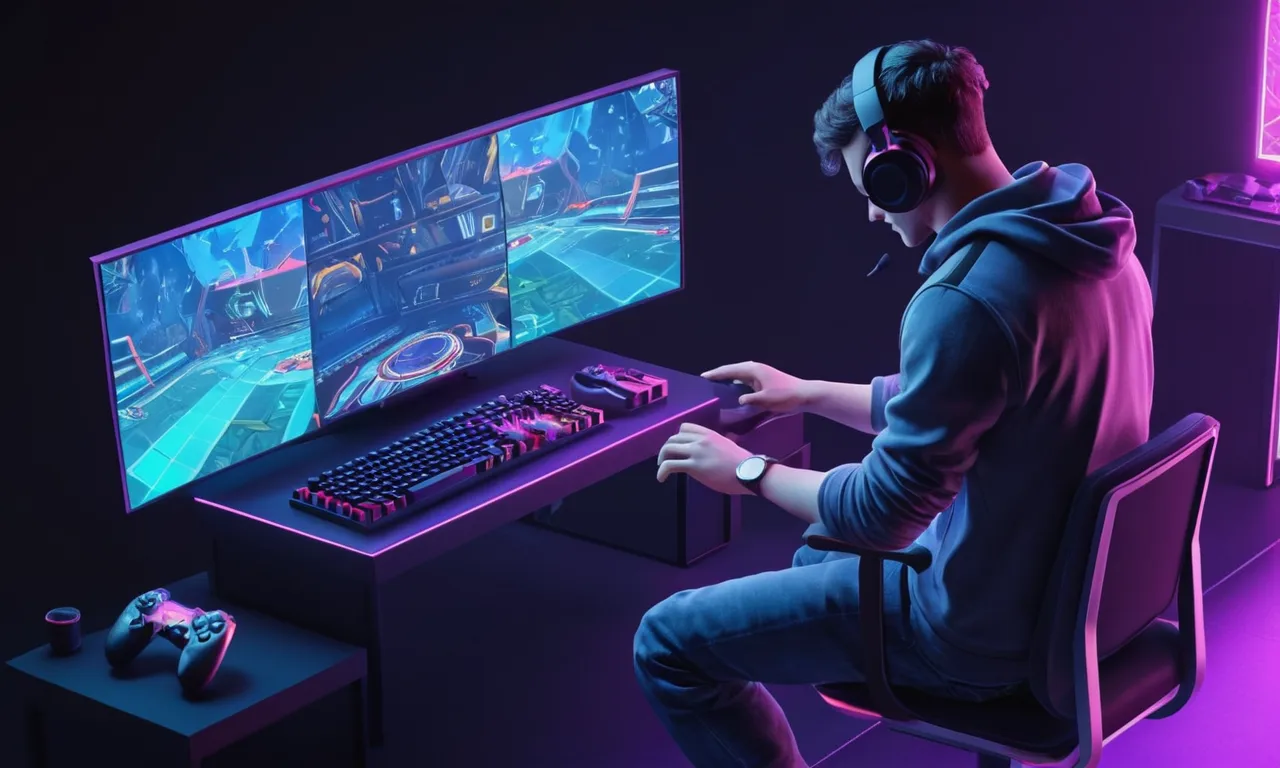 Un jugador jugando un juego de plataformas en una consola, con gráficos y efectos impulsados por AI en el fondo.