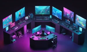 Un jugador rodeado de pantallas que muestran el juego impulsado por AI en varias plataformas.