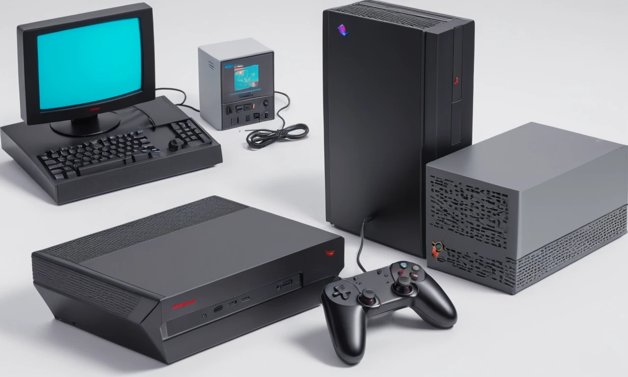 Una imagen de pantalla dividida que compara una consola de juegos retro con un PC de juego moderno o una consola.