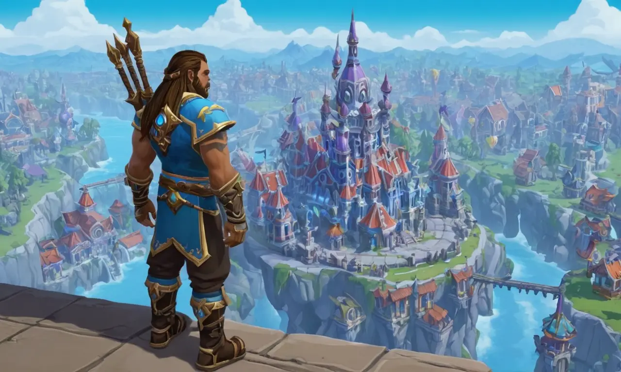Un personaje de jugadores de pie frente a un paisaje urbano de World of Warcraft.