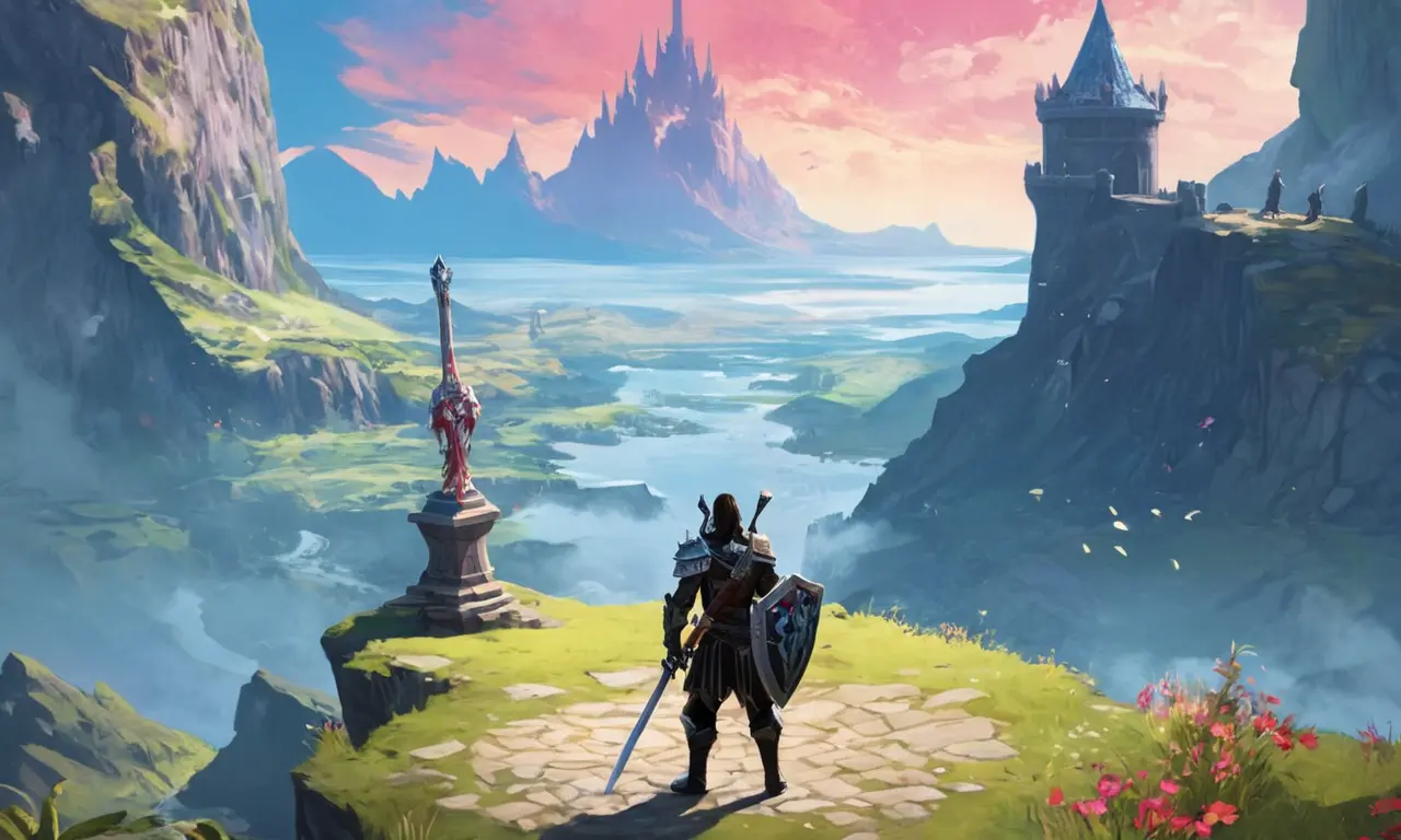 Un personaje de Guild Wars 2 de pie frente a un paisaje de fantasía con una espada y un escudo.