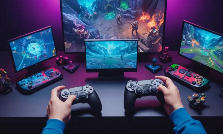 Las manos de los jugadores que sostienen un controlador con varias pantallas de juego MMORPG en el fondo.