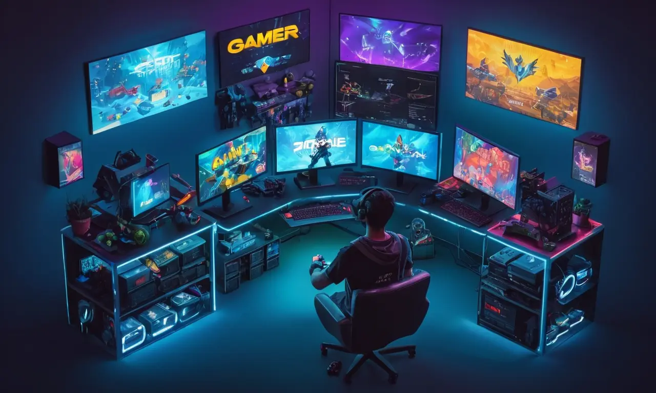 Un jugador rodeado de pantallas de ordenadores que muestran varias modificaciones de videojuegos (mods) con la superposición de texto explicando su significado.