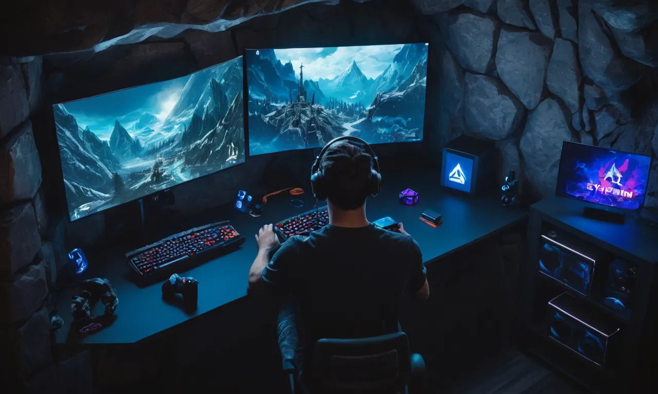 Un jugador rodeado de configuración de juego, con el logotipo del juego Skyrim y los iconos mod en la pantalla.