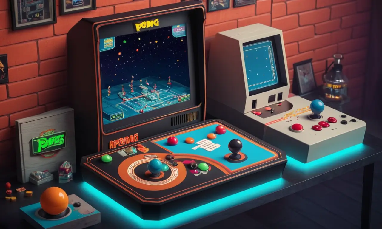 Una consola retro que muestra el clásico juego de arcade Pong en medio de memorabilia nostálgica.