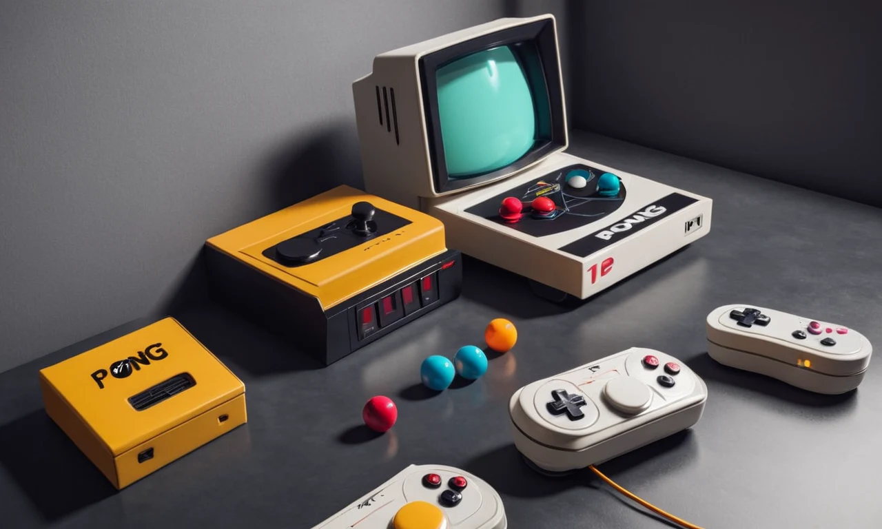 Una imagen nostálgica del juego clásico Pong junto a los icónicos juegos memorabilia y consolas retro.
